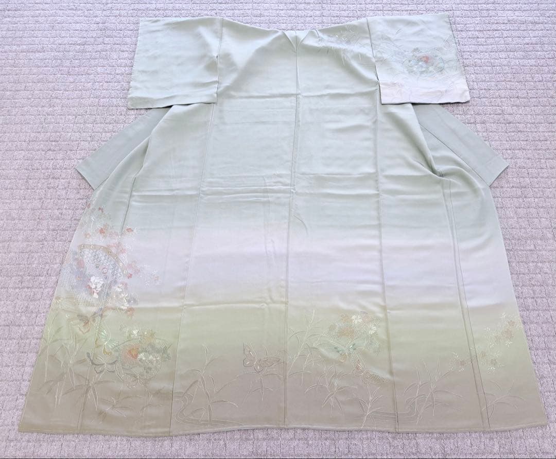 高級 訪問着 正絹 袷 汕頭刺繍 スワトウ 中国刺繍 グリーン 暈し染め