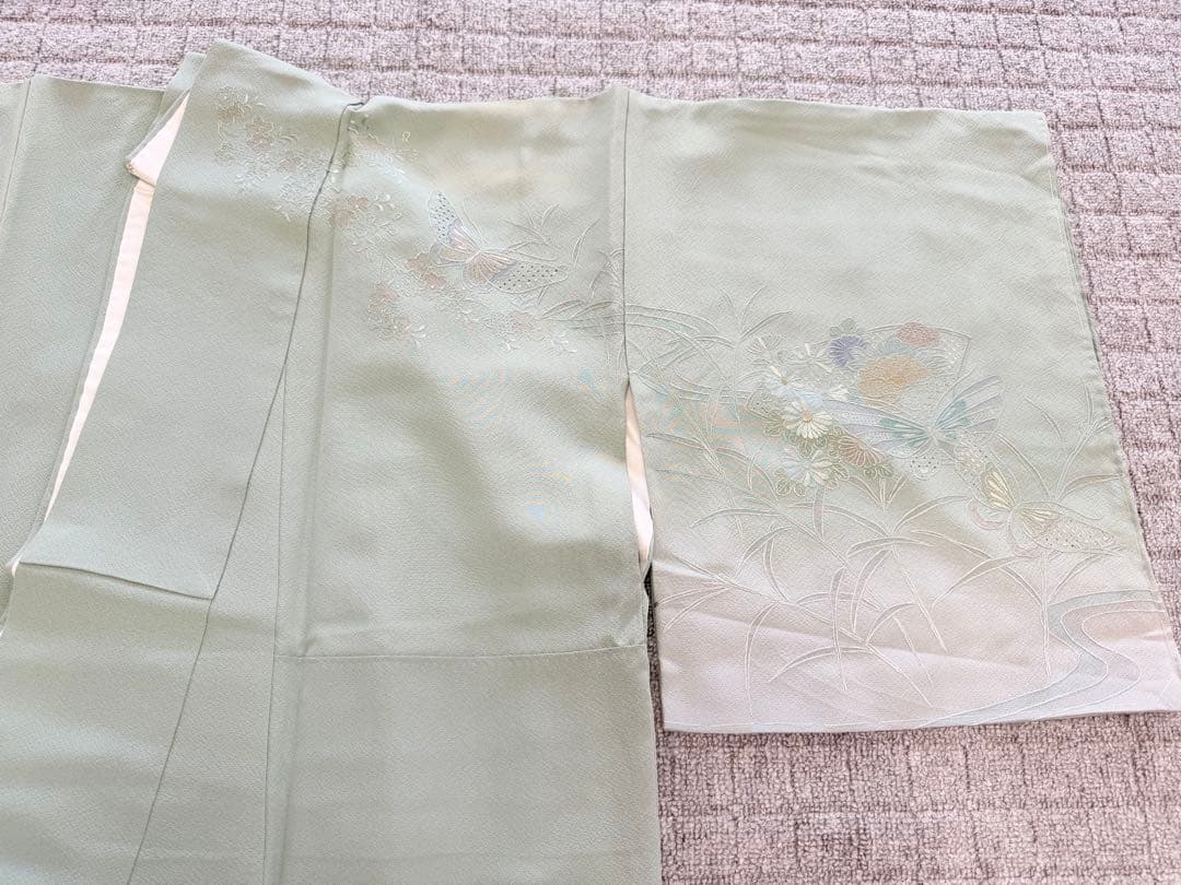 高級 訪問着 正絹 袷 汕頭刺繍 スワトウ 中国刺繍 グリーン 暈し染め