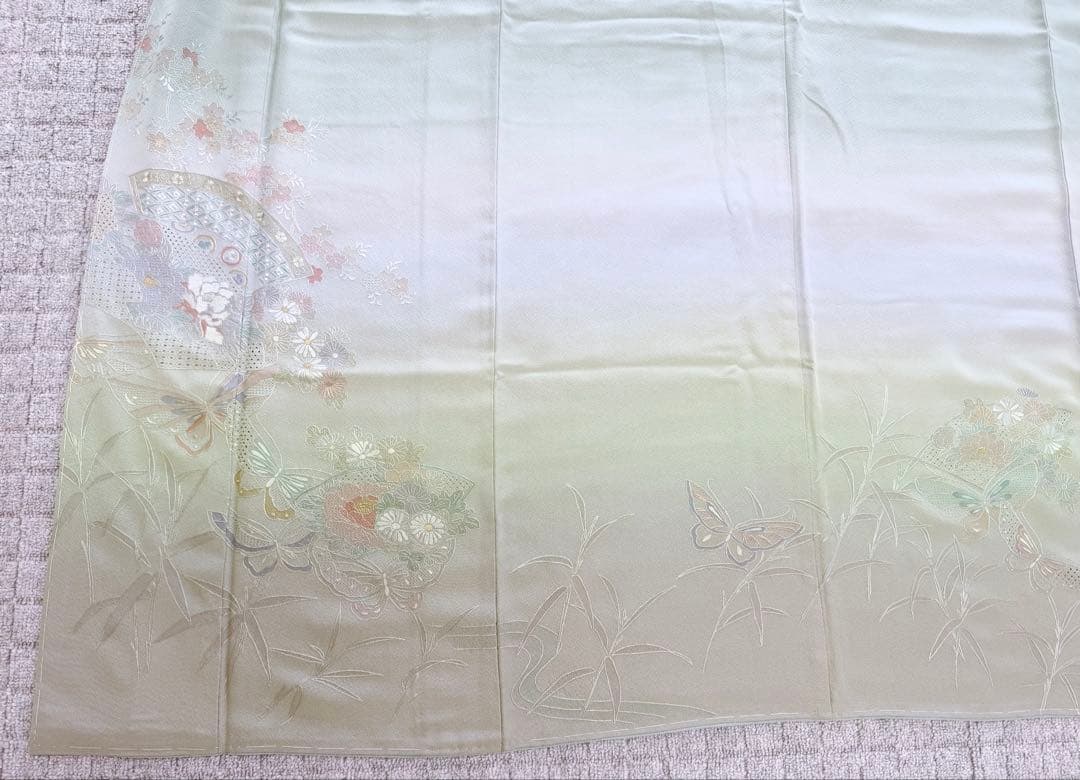 高級 訪問着 正絹 袷 汕頭刺繍 スワトウ 中国刺繍 グリーン 暈し染め