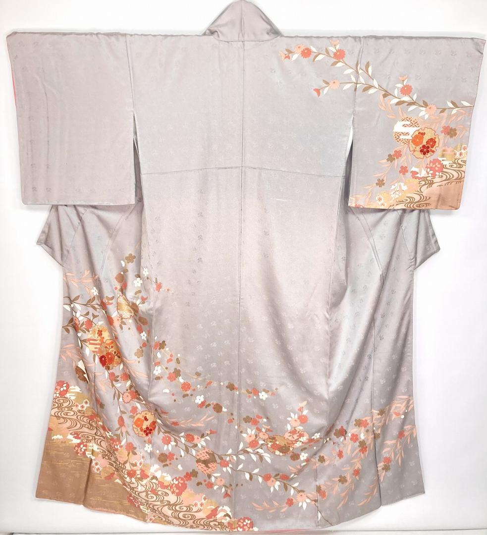未使用 京友禅 雪輪 花柄 訪問着 袷 金彩 紫 オレンジ ベージュ 1391