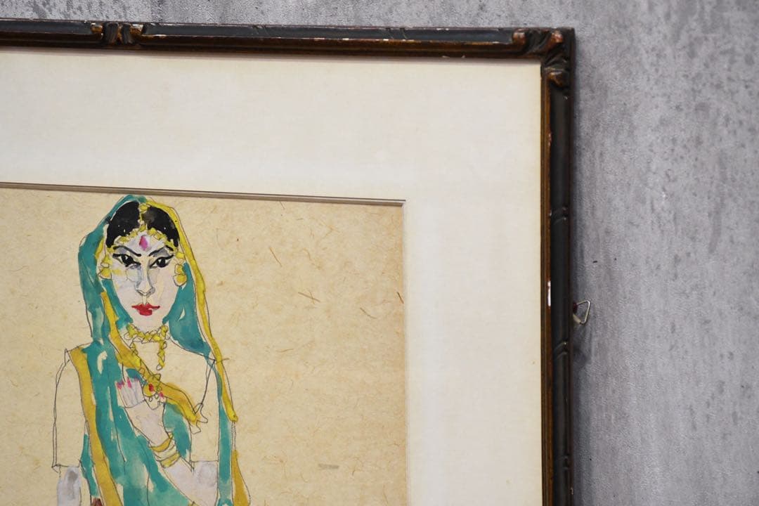 DIC41 真作保証 小川博史 インドの人形 肉筆 水彩画 額装 共シール