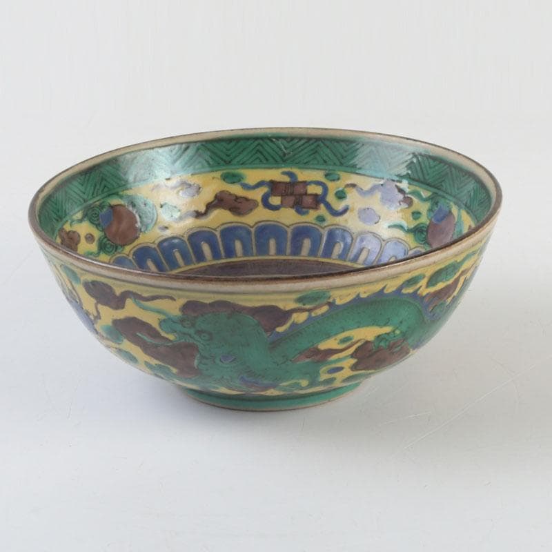 九谷焼　青手九谷　神獣雲龍文　鉢　角福銘　V　9548