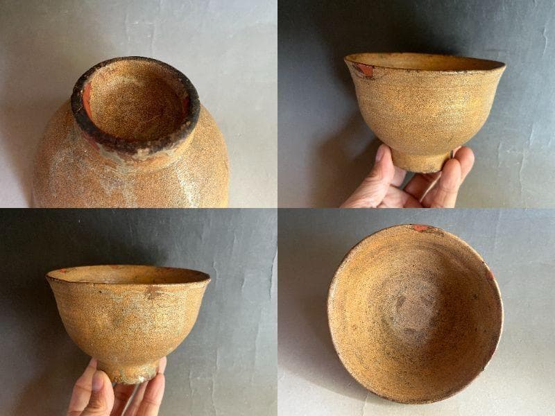 茶碗■時代物 古い土物碗 漆直し有り 堅碗 素焼き 笑窪 仕覆 古玩 骨董品■