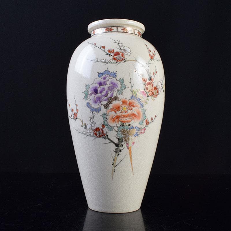 薩摩焼　沈寿官作　色絵　花文　花器　花瓶　時代箱　C R9260