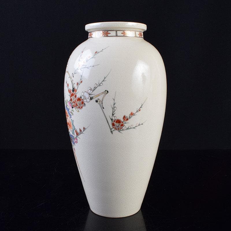 薩摩焼　沈寿官作　色絵　花文　花器　花瓶　時代箱　C R9260