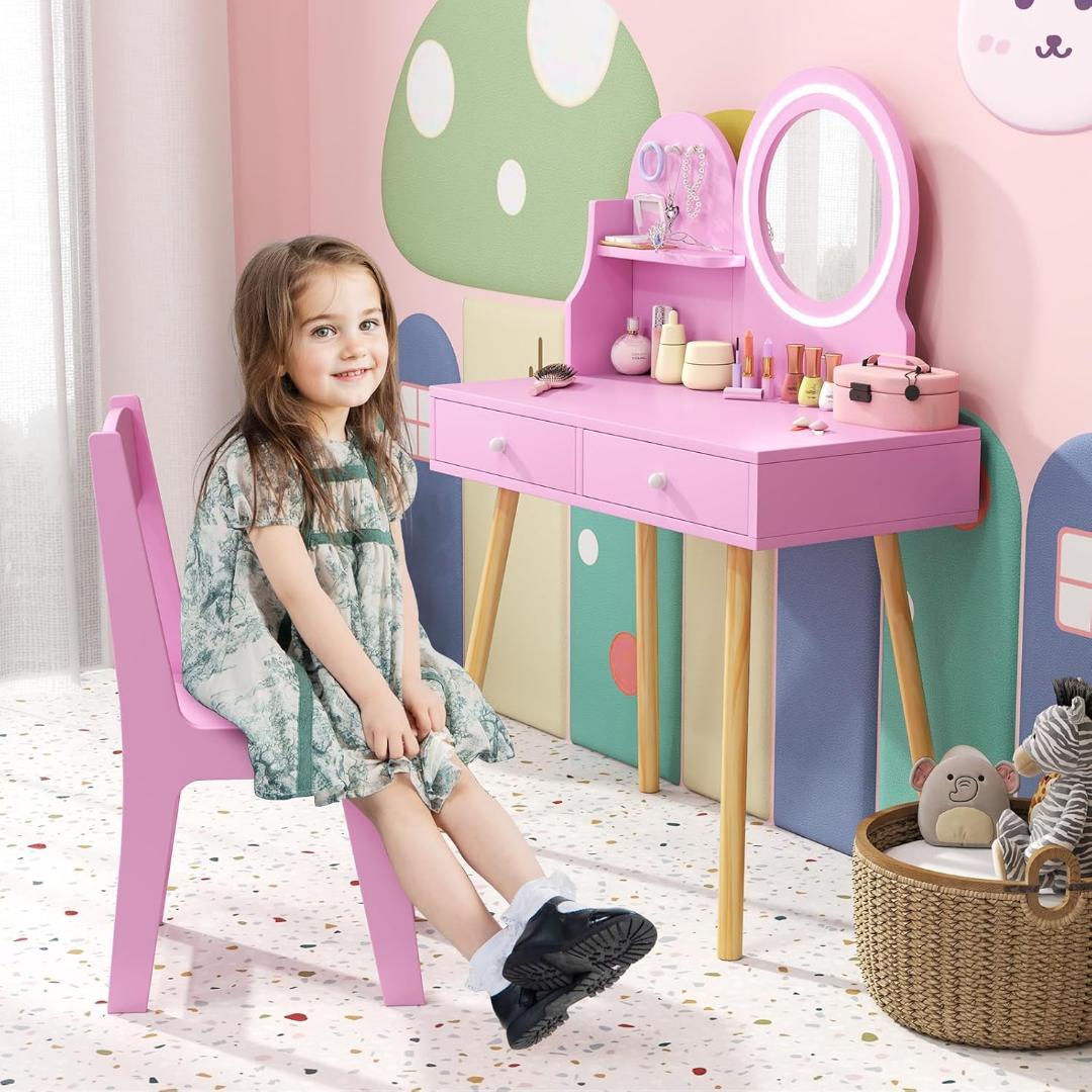 【新品】Giantex 子供ドレッサー 木製 椅子付き LEDライト付きミラー