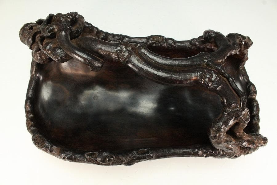 中国美術 紫檀 刻 枝果実 蝸牛 手付 器 39cm 希少(K-A237)