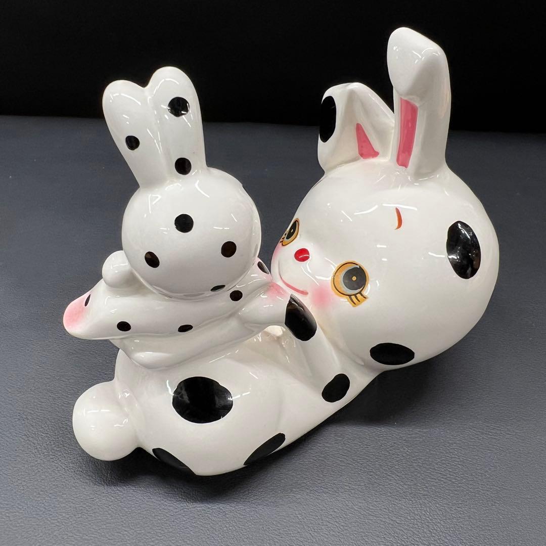 B2【used】内藤ルネ　うさぎの親子　陶器　置き物　昭和レトロ　貯金箱