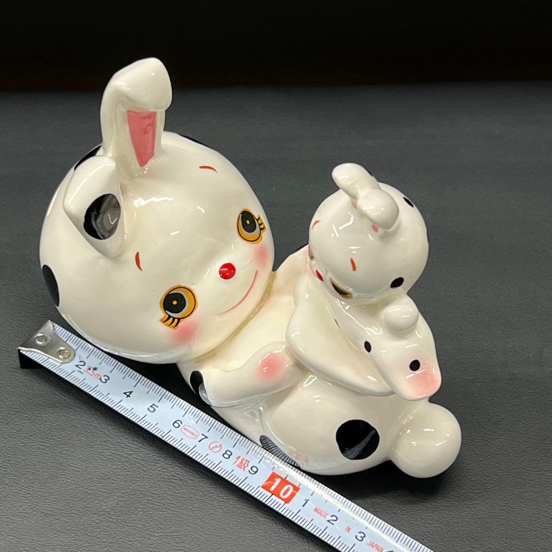 B2【used】内藤ルネ　うさぎの親子　陶器　置き物　昭和レトロ　貯金箱
