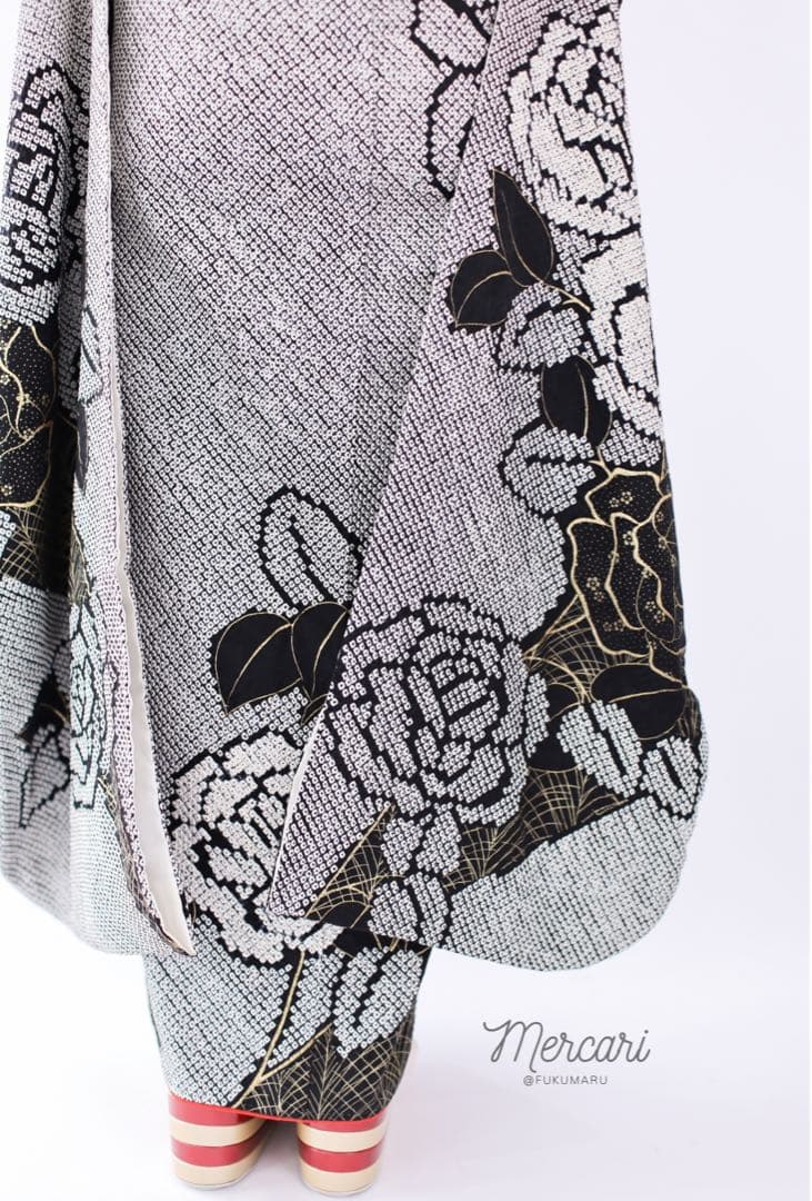 阪急百貨店　振袖　総絞り　薔薇　黒　フルセット　正絹