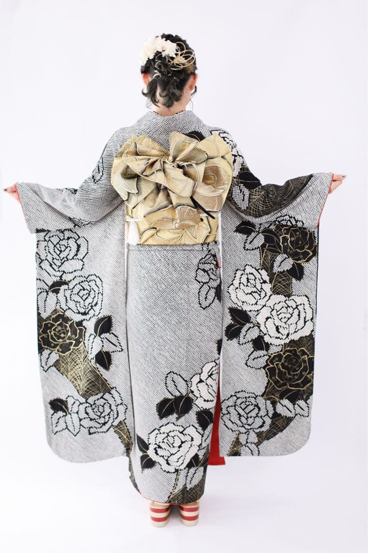 阪急百貨店　振袖　総絞り　薔薇　黒　フルセット　正絹