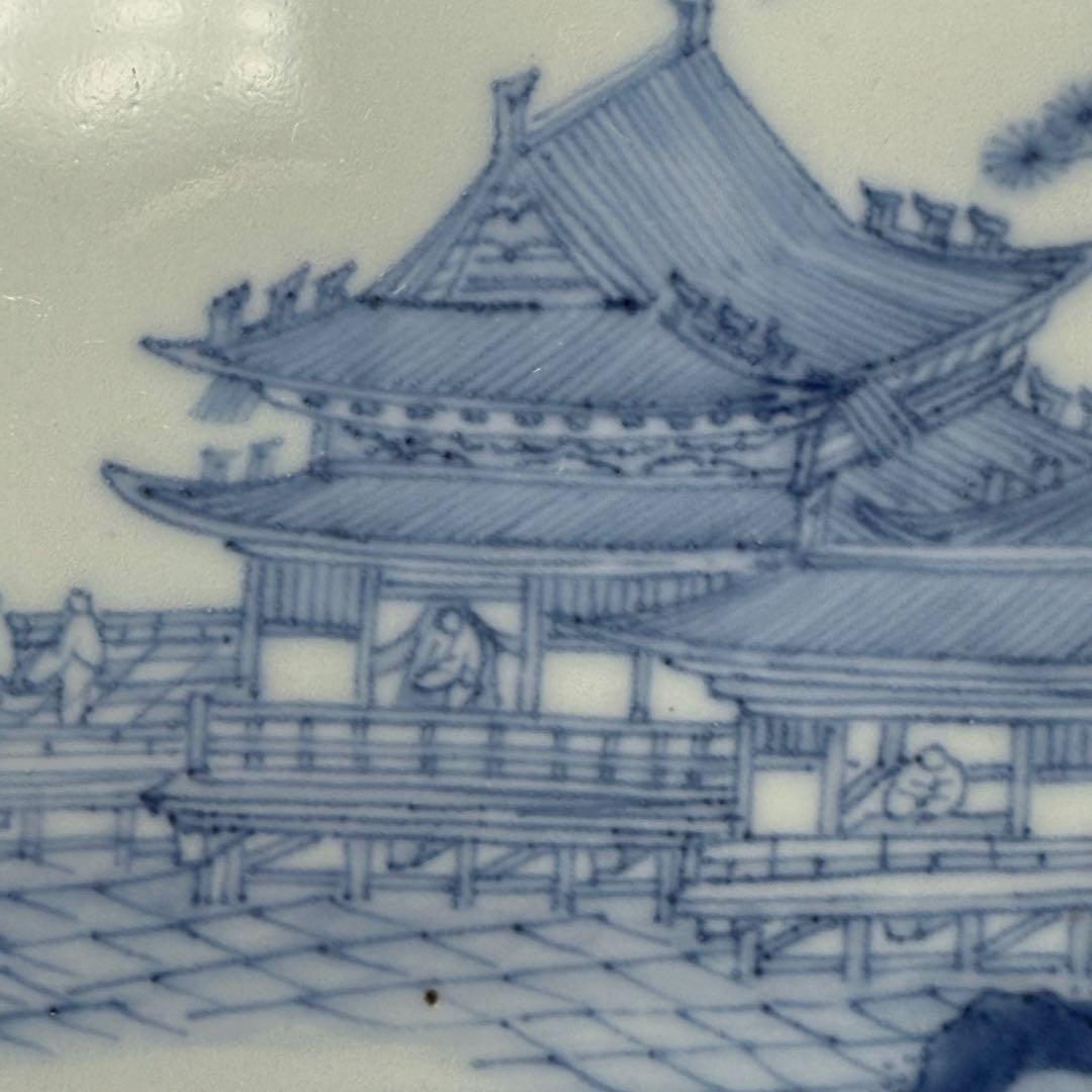 後期鍋島　江戸後期　染付楼閣山水図四方皿　共箱　緻密な絵付け　古美術　蒐集家旧蔵