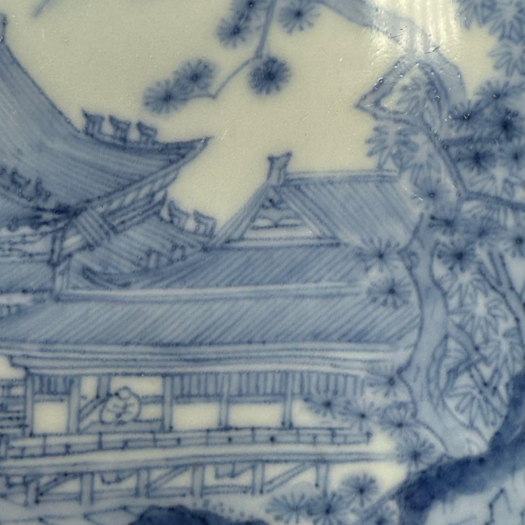 後期鍋島　江戸後期　染付楼閣山水図四方皿　共箱　緻密な絵付け　古美術　蒐集家旧蔵