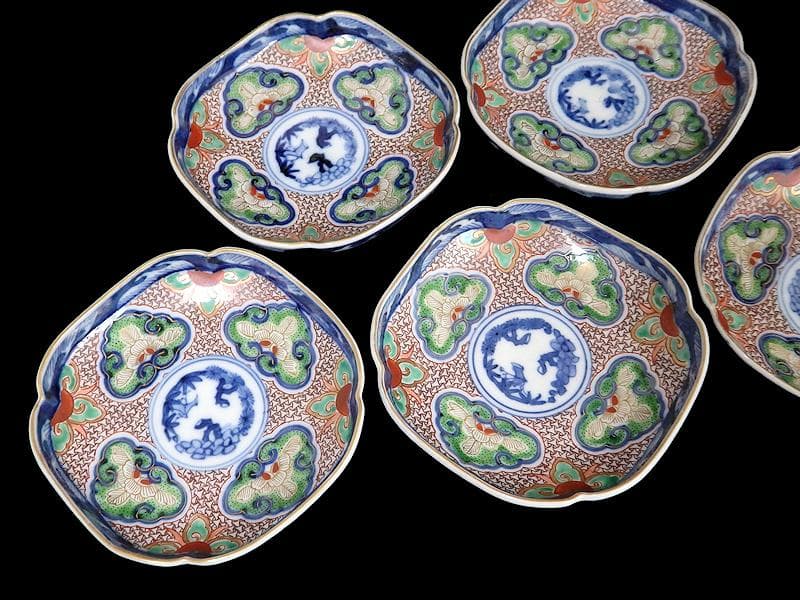 大聖寺伊万里 　毘沙門亀甲紋に松竹梅の図 縁高角皿　5枚　C775AS-BUj