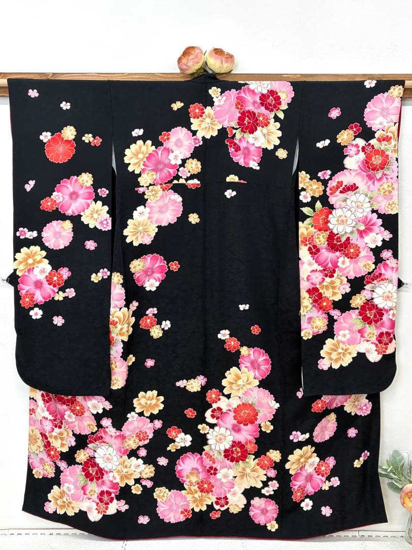成人式　振袖フルセット　1131　正絹振袖　黒　花柄　格安！