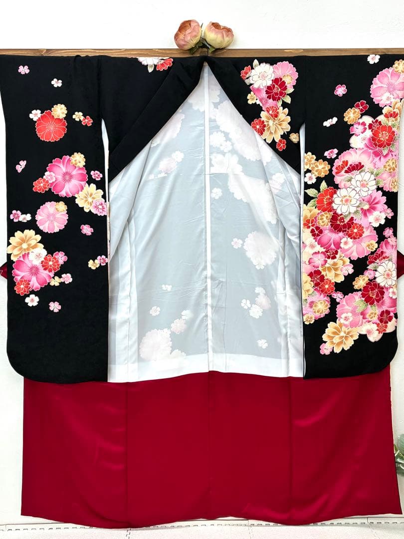 成人式　振袖フルセット　1131　正絹振袖　黒　花柄　格安！