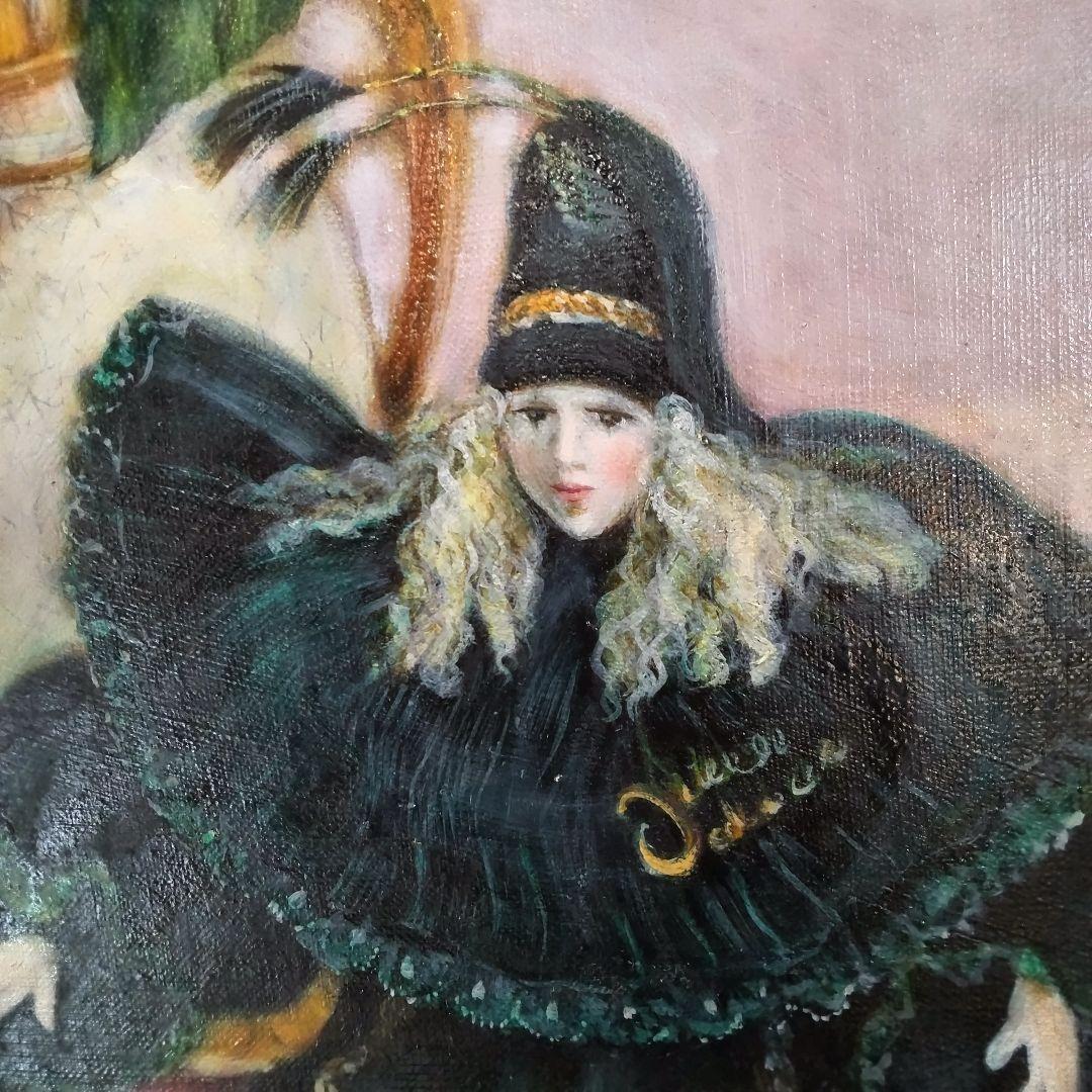 レースの上の静物画 アジサイとピエロ。油絵F30号ゴールド額縁付き処分品