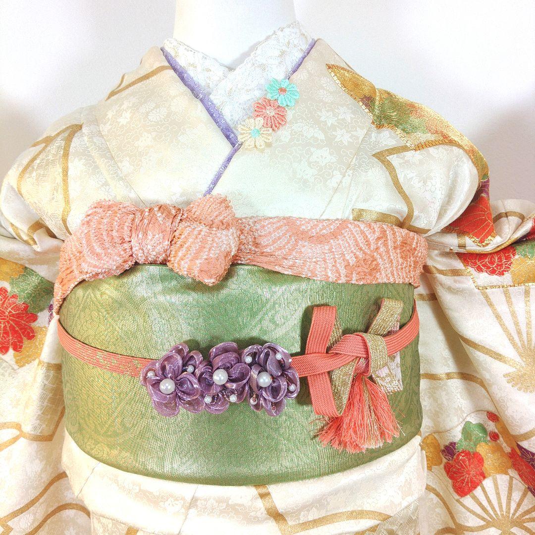 格安！　振袖フルセット　9点　成人式　結婚式　前撮り　白　ホワイト　袋帯　黄緑