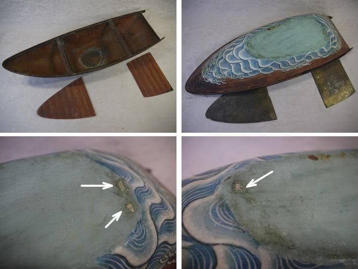 金工細工　宝舟　縁起物尽くし　45cm 迎春　笠・小判・宝珠・巻物・宝袋など