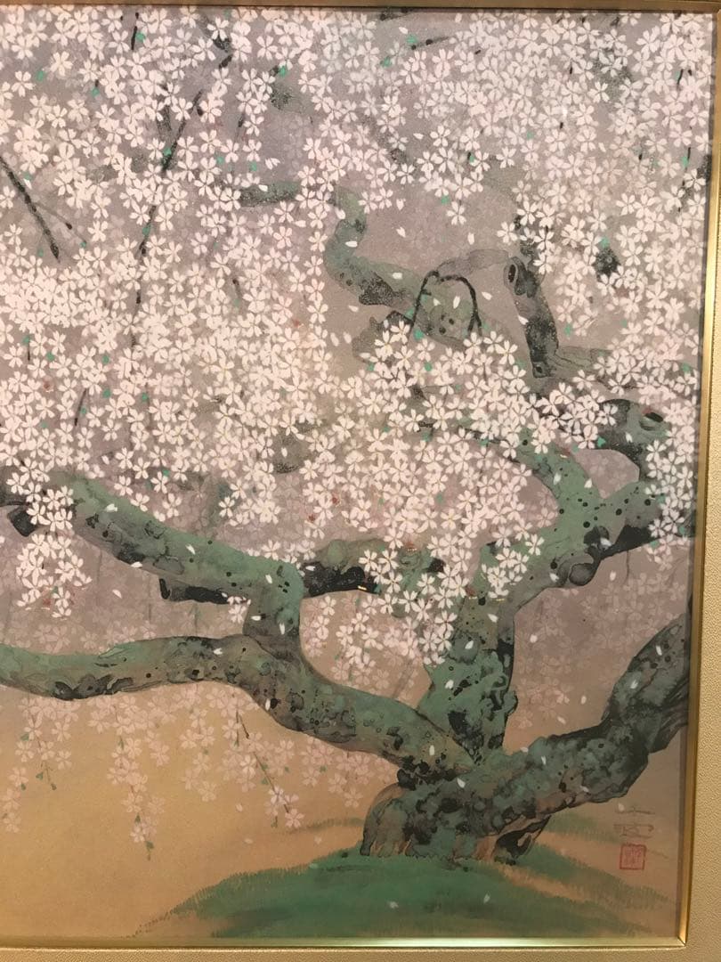 中島千波　「夢殿の枝垂櫻」　岩絵具方式複製画　刷り込みサイン・作品証明シール有り