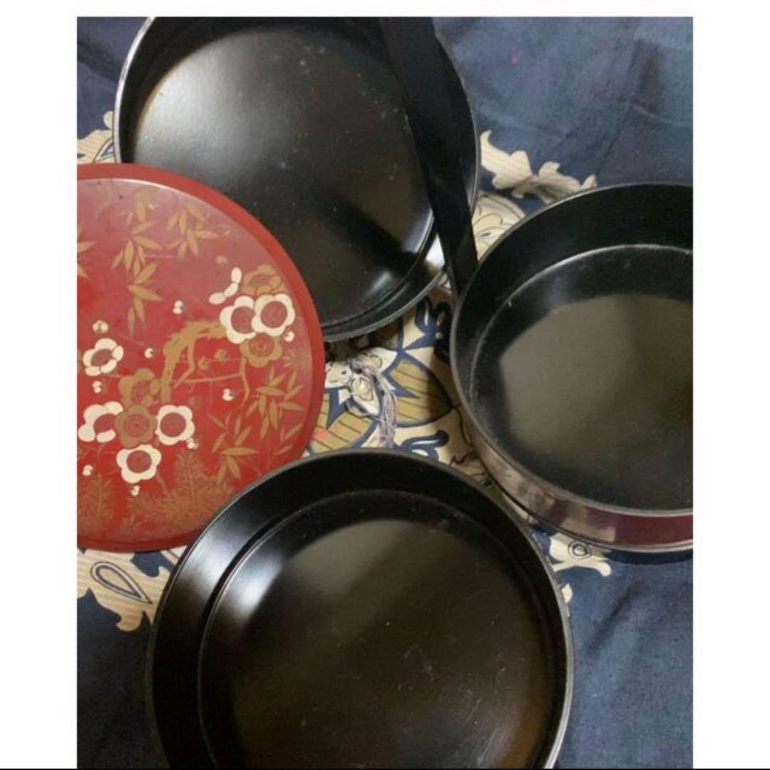 １点物希少アンティーク輪島塗明斎牧野義昭作 3段重箱 重箱盆松竹梅短冊図 金蒔絵