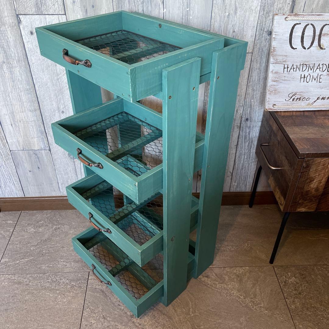 水色　4段　引き出し　ウッドシェルフ　ハンドメイド　家具