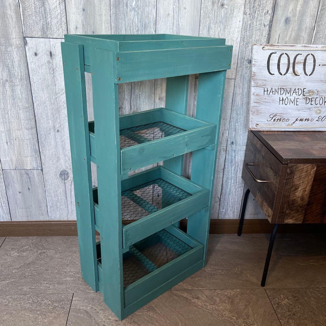 水色　4段　引き出し　ウッドシェルフ　ハンドメイド　家具