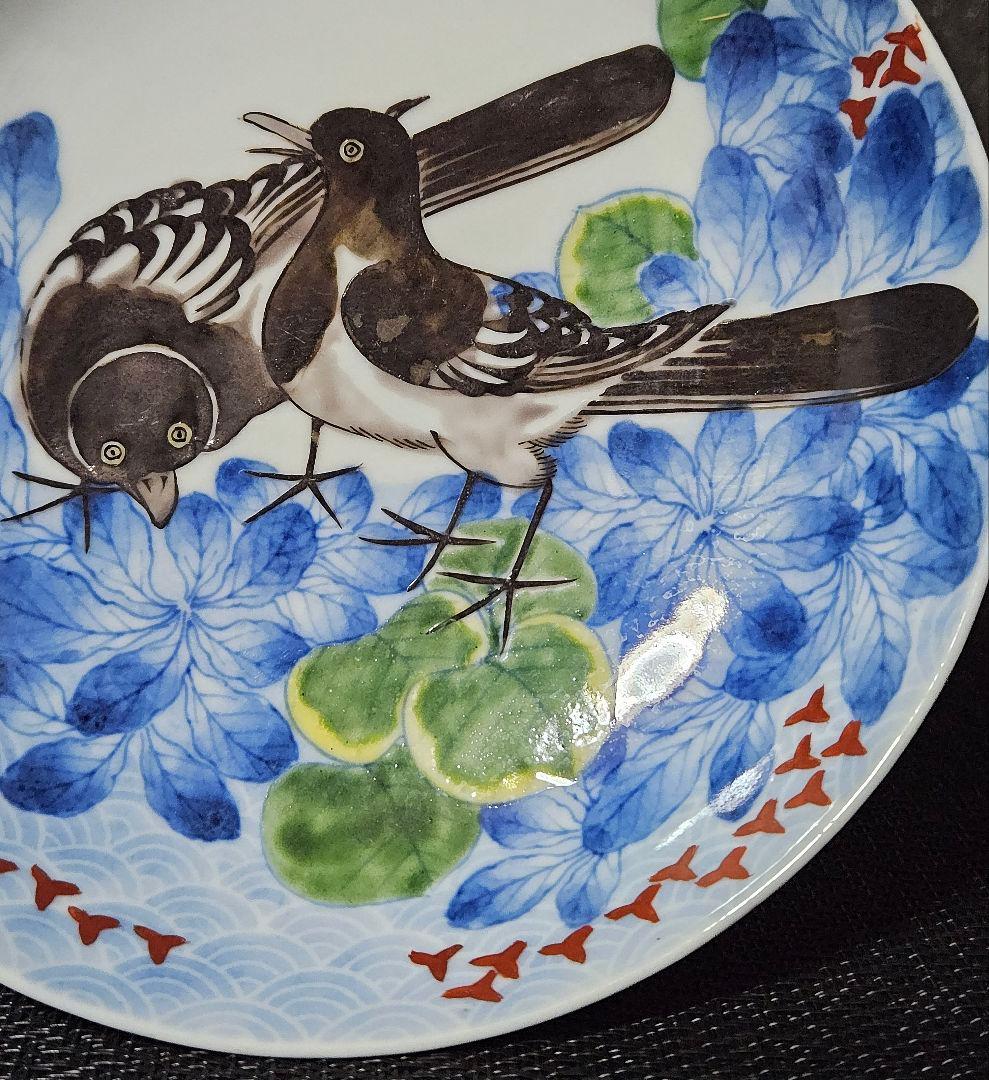 【大名品❗】【真作保証❗】江戸時代　色鍋島　鶺鴒図　墨弾き青海波文様　約五寸皿
