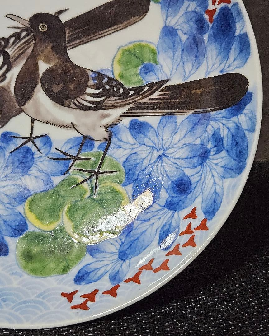 【大名品❗】【真作保証❗】江戸時代　色鍋島　鶺鴒図　墨弾き青海波文様　約五寸皿