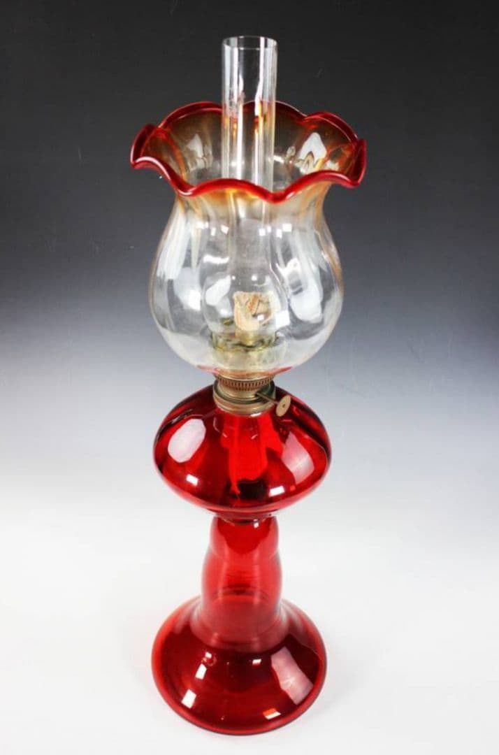 旧家収蔵 大正期 赤フリル ランプ 特殊バーナー構造