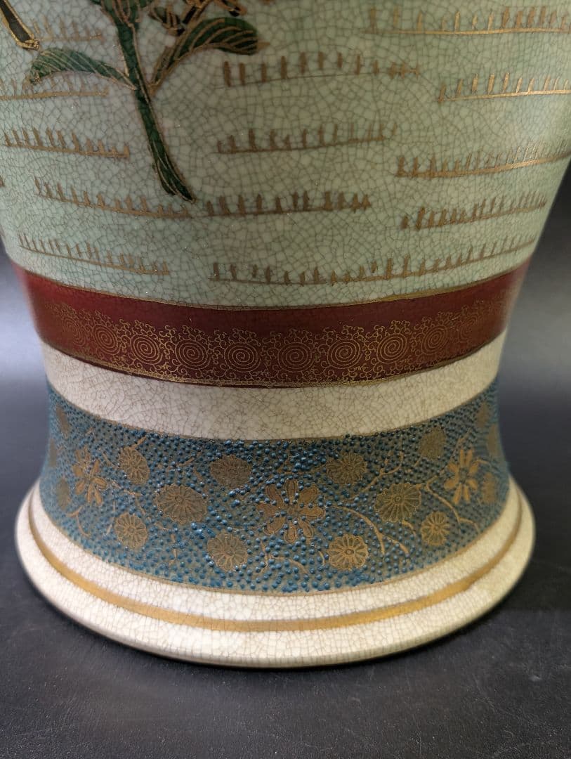 薩摩 錦風作 染錦花鳥図 飾壷 大花瓶 在銘 金彩 花瓶 壺 豪華絢爛 花詰