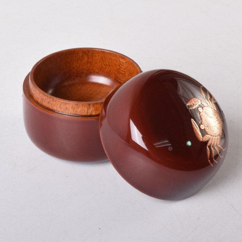 茶道具　山中塗　中嶋宗峰作　桜材　蟹蒔絵　下膨形香合　共箱　V　7507