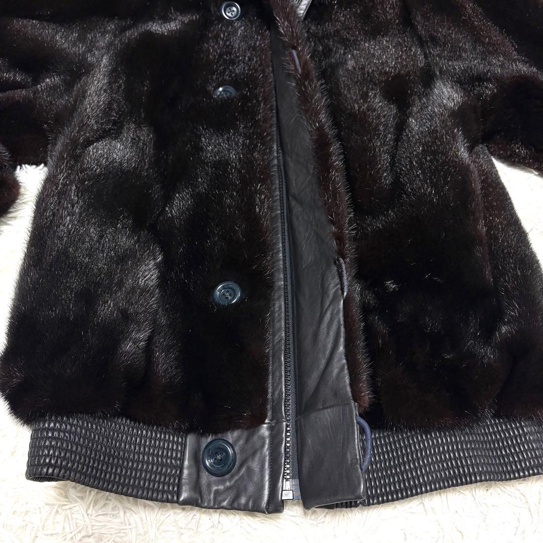【極美品/レア】ミンク 毛皮 レザージャケット 切り替え リブ編み ブラウン