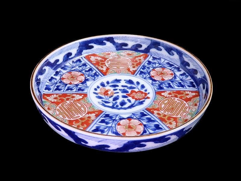 大聖寺伊万里　金襴手　割絵　寿に花の図　平皿 ４寸皿　５枚　143AS-DBd