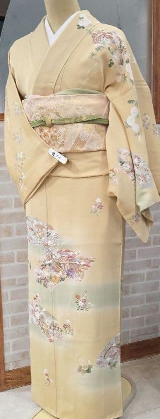 トールサイズ訪問着4点フルセット、着物、袋帯、帯締め、帯揚げ