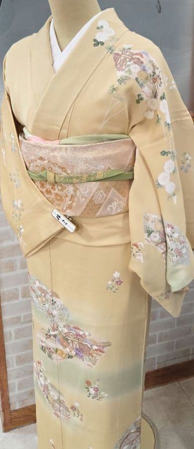 トールサイズ訪問着4点フルセット、着物、袋帯、帯締め、帯揚げ