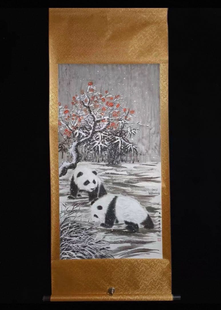 中国画家 郎世寧雪中双熊図 掛軸｜パンダ図｜防伪仕様｜中堂｜客間・書斎・茶室装飾