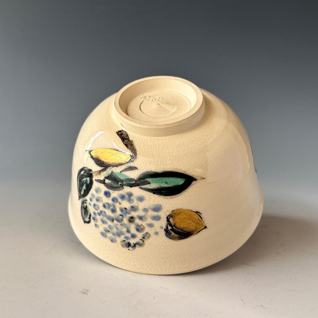 茶道具　色絵　八幡宗豊　自画　紫陽花絵　茶碗　真葛香斎　共箱　梅雨青水　京焼　夏