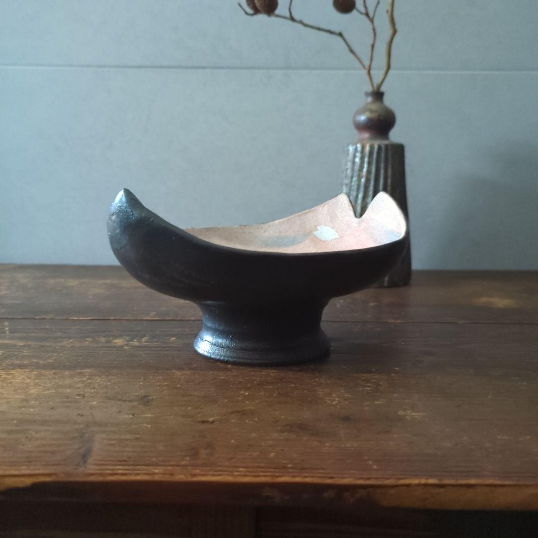 陶芸　作家もの　益子焼　島田恭子作　桜花弁型　菓子器　高台皿　コンポート