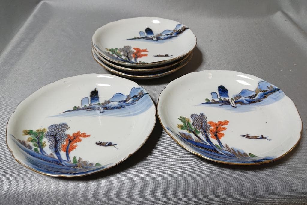 17　古伊万里　輪花　色絵山水図　大明成化年製銘　江戸中期　中皿　5客