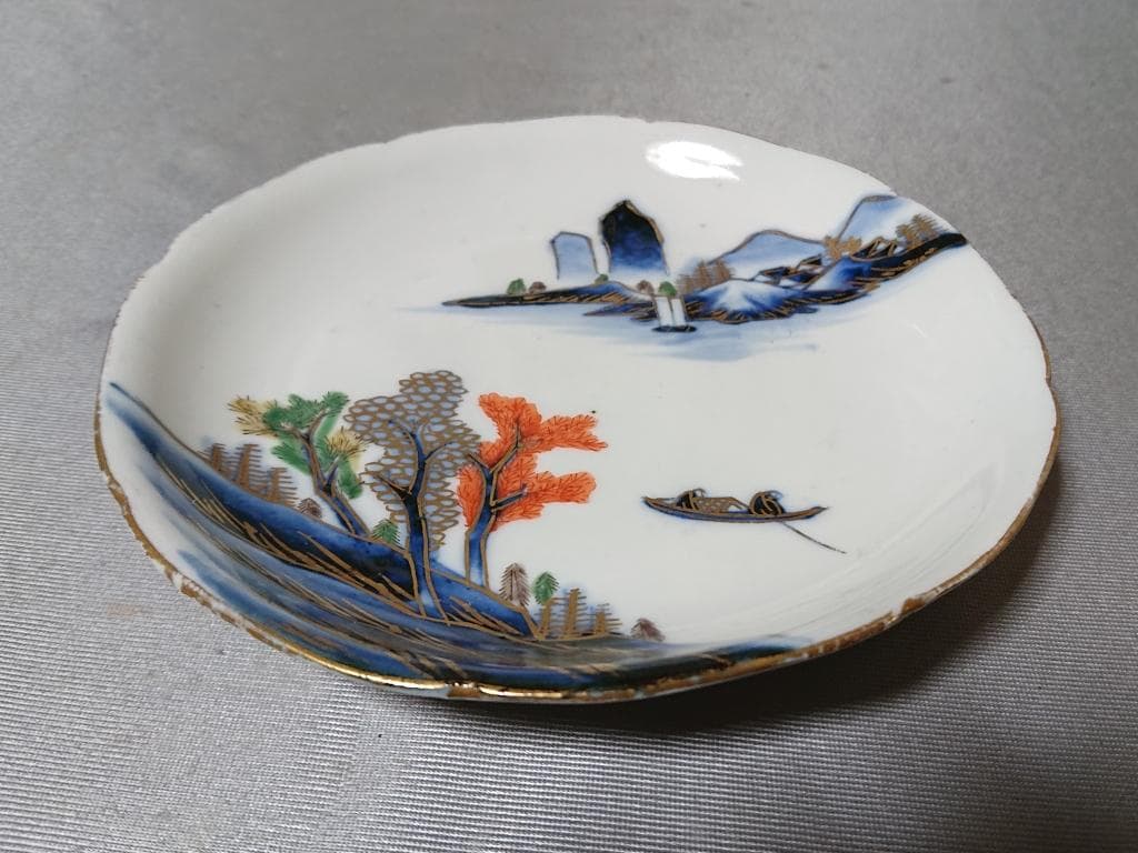 17　古伊万里　輪花　色絵山水図　大明成化年製銘　江戸中期　中皿　5客