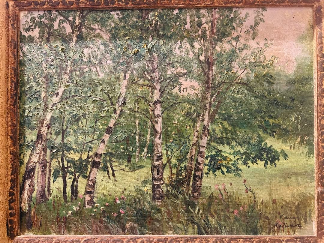 ◉真作 光風会 梶原貫五 油彩風景画 F8号 仮題：夏の雑木林(白樺)福岡県出身