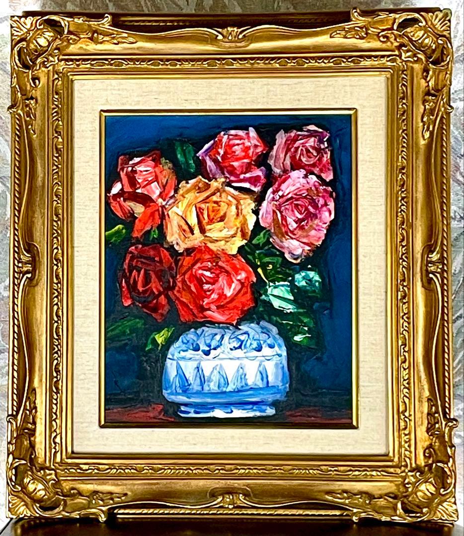 中川力　真作「ばら」 油彩3号　薔薇図傑作　表サイン　裏面に題名・署名