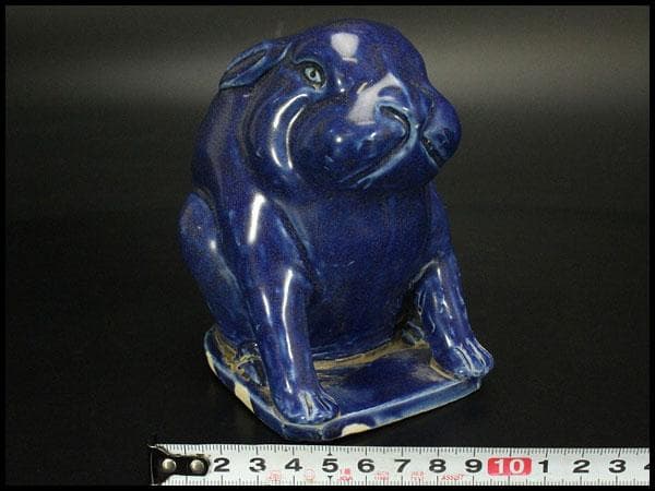 瑠璃釉 兎 置物 高12cm 骨董(LC999)