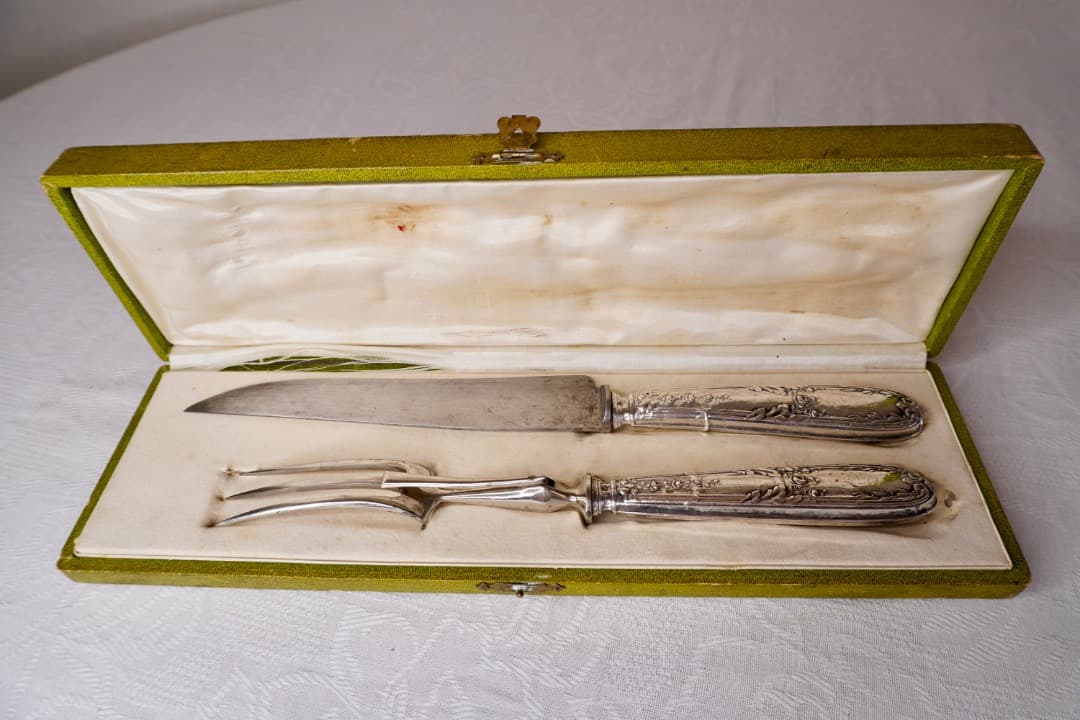フランス シルバープレート アンティーク 肉切り用大型フォーク＆ナイフセット