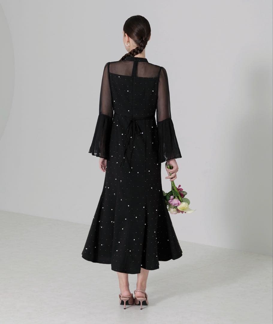 Leja 透け感プリーツフレアスリーブビーズマーメイドシルエットワンピース