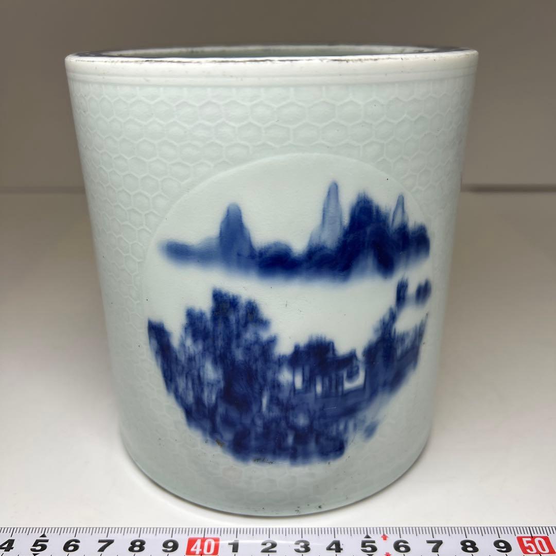 中国清時代　大清雍正年製　青花筆筒　高さ14㎝　東Y7-1003⭐︎2Fタサオ