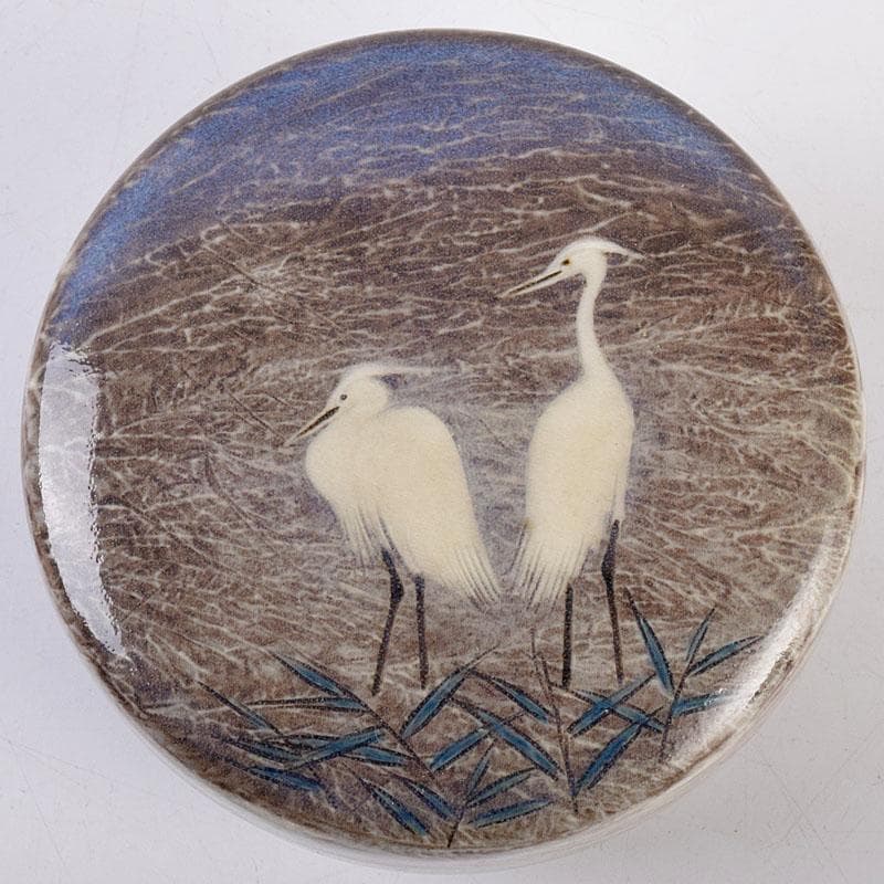 茶道具　臥牛窯　十三代　横石臥牛作　白鷺文　香合　共箱　Z　8496