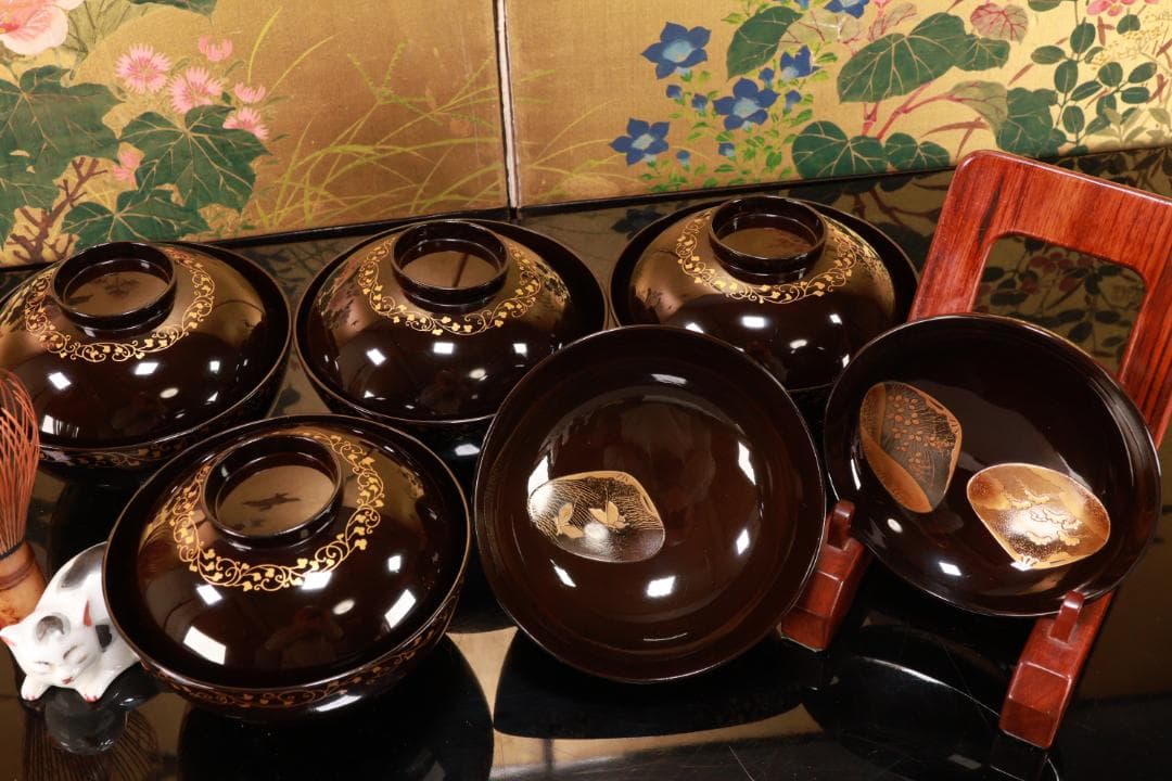 BK425　時代輪島塗　図替り　貝尽くし図金蒔絵　吸物椀　五客　木製 懐石 菓子