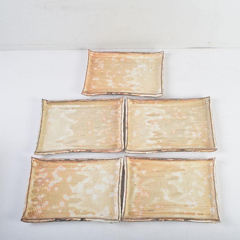 和食器　茶懐石　熊本喜一作　粉引　陶皿　銘々皿　五客　共箱　V　8917